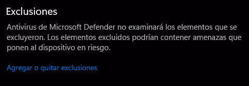 Agregar exclusiones a windows 10