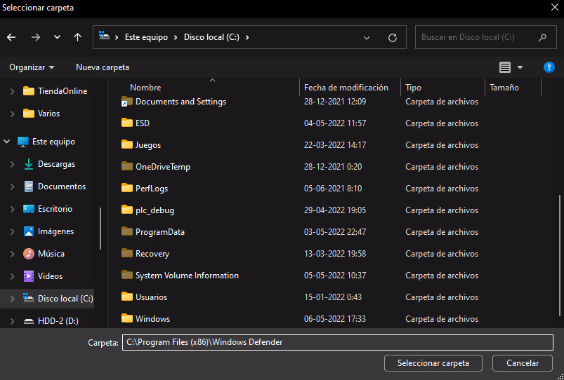 Agregar windows defender a las exclusiones