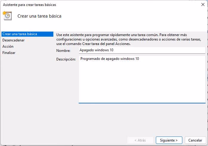 creado de tarea básica Windows 10