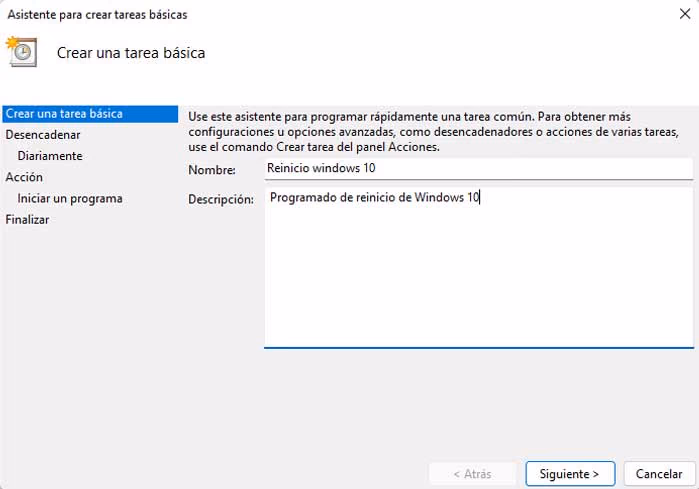crear tarea programada Windows 10 reinicio