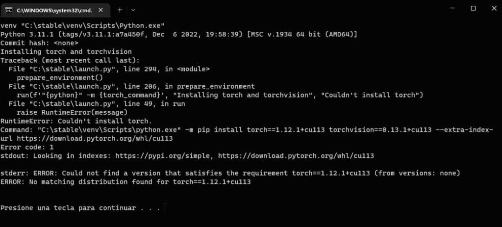 stderr error could not find a version that satisfies the requirement torch==1.12.1+cu113