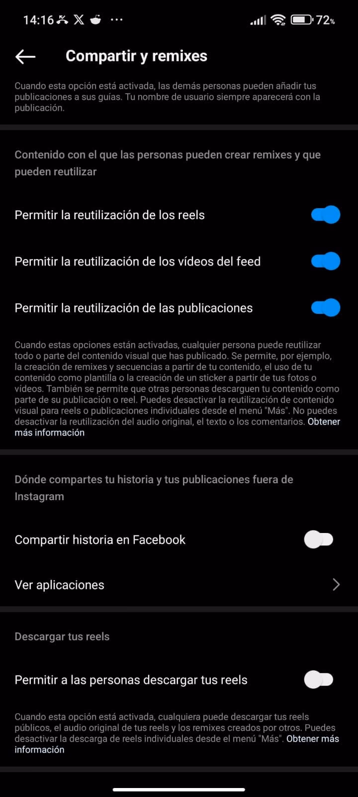 Desactiva la opción de descarga de Reels